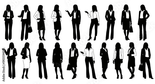 Collection of Silhouettes of Business Women in Various Poses.