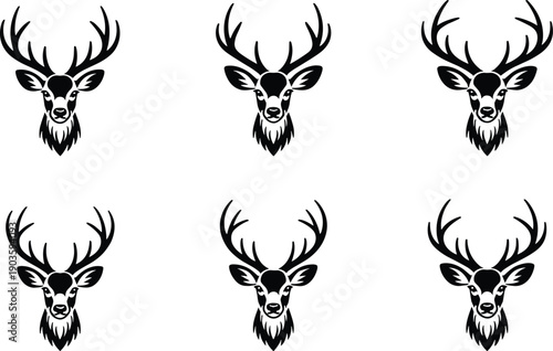Deer head silhouette icons set illustration, majestic stag with antlers representing wildlife, hunting emblem, forest animal symbol, nature logo design isolated on white background