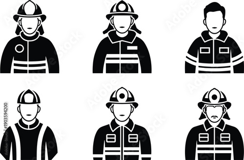 Firefighter silhouette icons set illustration, emergency service workers in protective uniforms representing fire rescue team, safety profession, first responders, 
