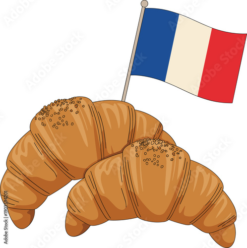 French croissant illustration with national flag, representing traditional bakery food, French cuisine culture, breakfast concepts, pastry design, and gourmet culinary graphics