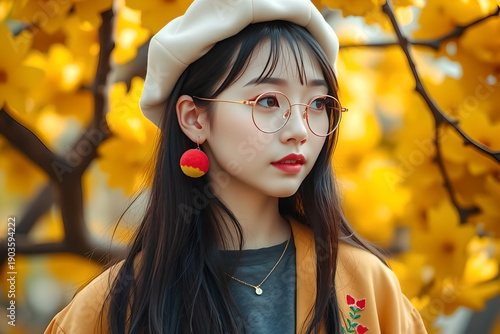 Stylish young East Asian woman with glasses and a beige beret, wearing a mustard yellow jacket and red pom-pom earrings, in front of bright yellow blossoms.