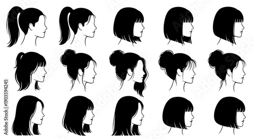 Collection of various female hairstyles illustrated in black and white.
