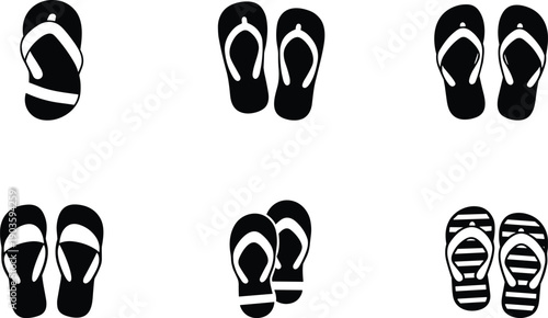 Flip flops silhouette icons set illustration, summer beach sandals collection representing casual footwear, vacation lifestyle, travel comfort, seaside fashion, 