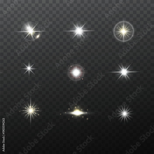 Set of glowing light bursts with sparkles, lens flares, explosions, Star and sparks, Vector. Glare radiance effect