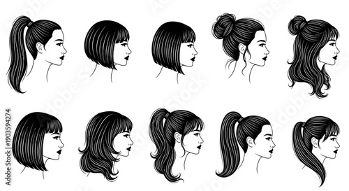 Collection of various female hairstyles illustrated in black and white.