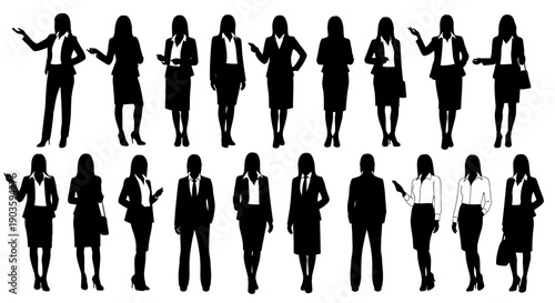 Diverse group of business professionals in various poses and attire.