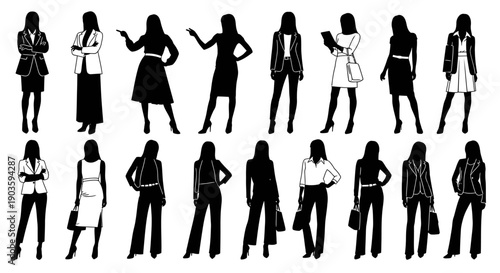 Collection of diverse female silhouettes in various poses and outfits.