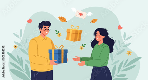 Man giving a gift to a woman with a gentle smile.