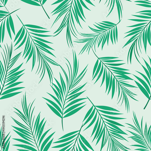 a seamless pattern featuring lush green palm leaves scattered across a light and airy background creating a tropical and calming aesthetic