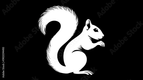Stylized white squirrel illustration on a black background. Cute forest animal graphic design element for nature themes.