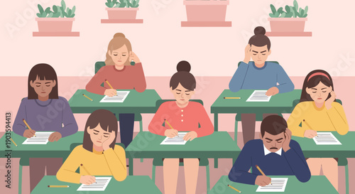 Students taking a test in a classroom setting with a serene atmosphere.