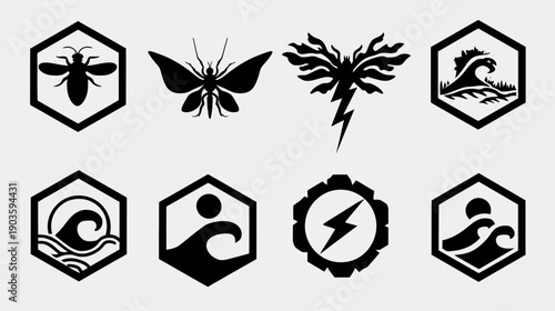 Black and white vector icon collection: Abstract nature, insect, sea, energy & industrial power symbols