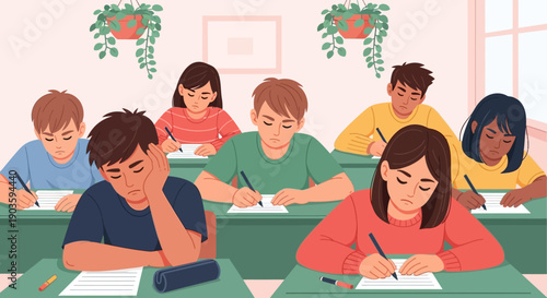 Students taking a test in a classroom with green desks and hanging plants.