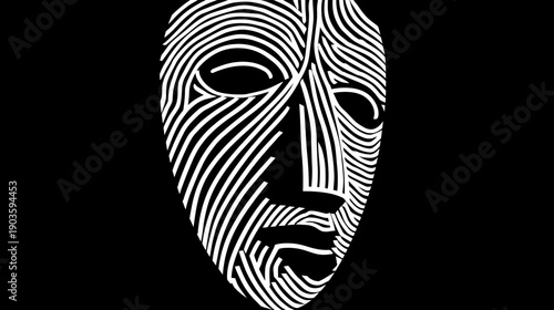 Stylized Abstract Human Face Made of Flowing White Lines on Black Background. Modern Minimalist Graphic Design Art