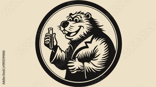 Vintage Style Cartoon Beaver Scientist Mascot in Lab Coat Holding Test Tube, Animal Character for Science Research