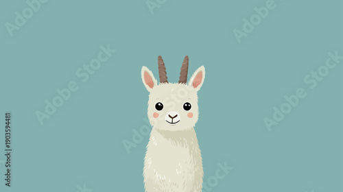 Adorable cartoon white goat illustration with small horns, rosy cheeks, and innocent expression on a light blue background.