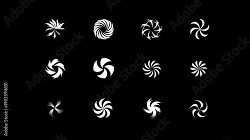 Abstract White Swirls, Spirals, and Star Shapes Collection on Black. Modern Geometric Graphic Design Elements, Loaders, Spinners Set