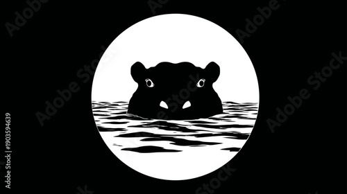 Minimalist black and white graphic illustration of a hippopotamus head silhouette emerging from water within a white circular frame.