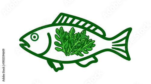Green outline of a fish filled with fresh leafy greens, representing healthy eating, natural ingredients, and nutrition. Isolated on white.