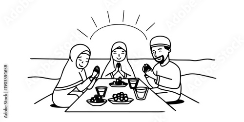 Muslim Family Having Iftar at Sunset with Dates and Water in Warm Golden Light