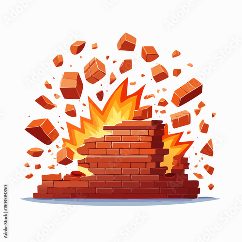 Dynamic Vector Illustration of a Brick Wall Undergoing Explosive Demolition with Flying Fragments and Fiery Blast