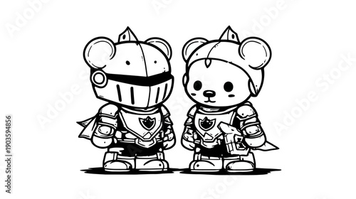 Adorable cartoon knight characters in full medieval armor, black and white vector illustration for kids and fantasy.