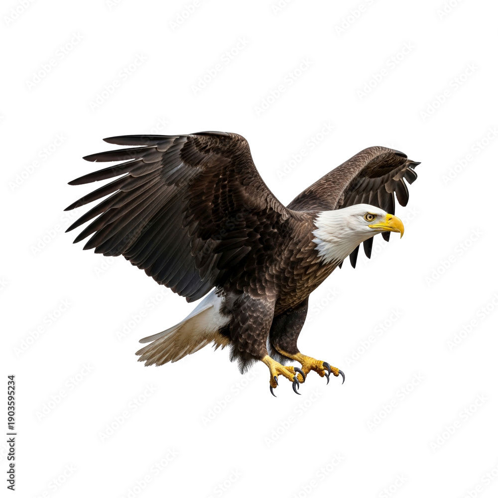 Fototapeta premium Bald eagle in flight with wings spread isolated on transparent background