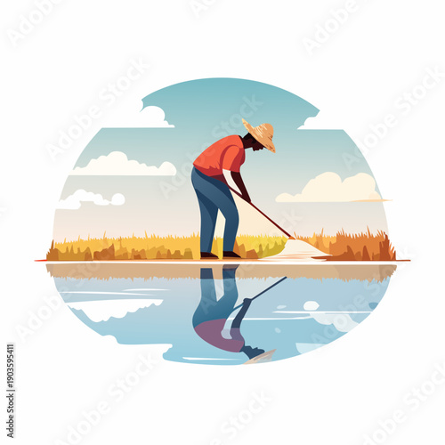 Person in a straw hat working in an agricultural field with a tool, a serene reflection captured below