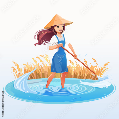 Farmer Woman In Traditional Hat Working in Rice Paddy Field