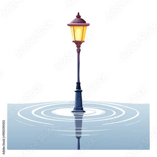 A solitary illuminated street lamp stands in calm water, casting a warm glow and a clear reflection amidst gentle ripples