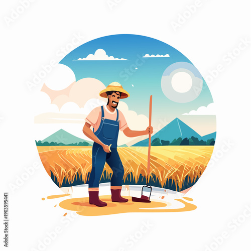 Farmer Working in a Wheat Field Under a Sunny Sky