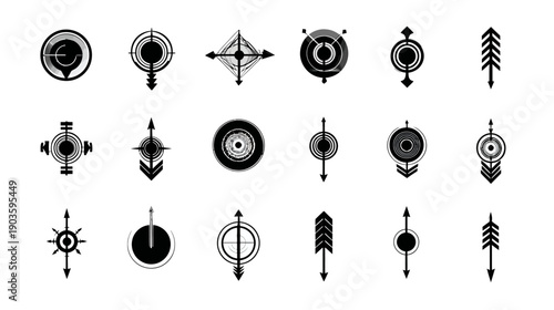 Abstract Geometric Target Icons Set. Minimalist Black and White Vector Symbols for Aiming, Focus, and Precision.