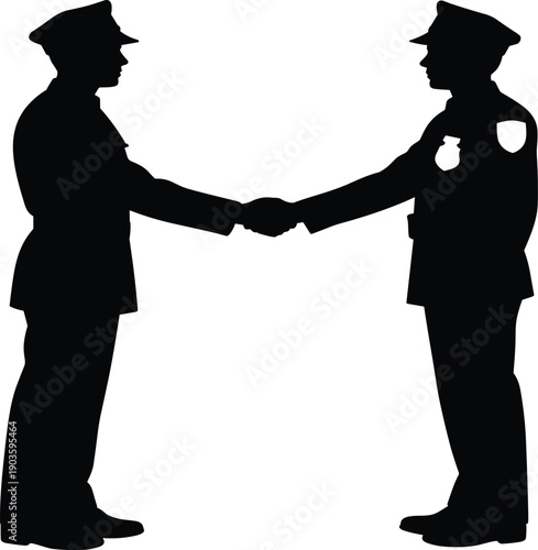 Police officers handshake silhouette symbolizing partnership and trust, black and white vector illustration ideal for law enforcement concepts, cooperation themes, security branding, 