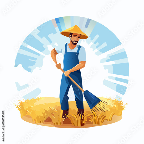 Farmer working in field with rake, stylized background of city skyline