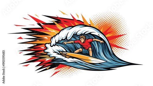 Surfer riding ocean wave vector illustration against white background