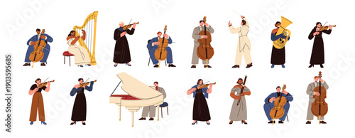 Symphonic orchestra set. Musicians with different musical instruments play classical music. Performers on piano, violin, cello, harp, trumpet. Flat isolated vector illustrations on white background.