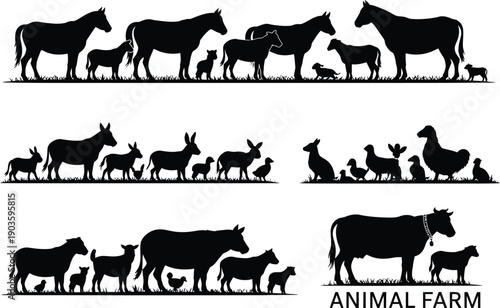 Diverse farm animals in silhouette in grassy field