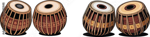 Two Pairs Of Indian Tabla Drums With Decorative Patterns