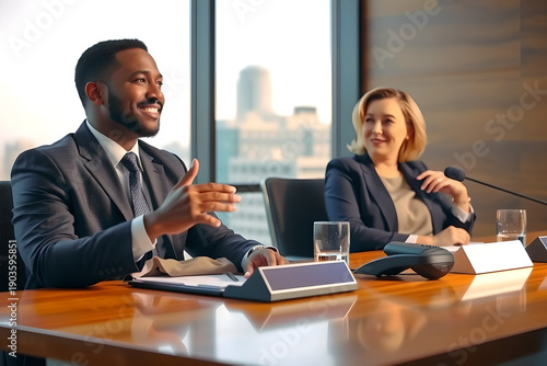 Diverse business professionals, a Black man and a White woman, engaged in a lively discussion at a conference table with microphones and city view.