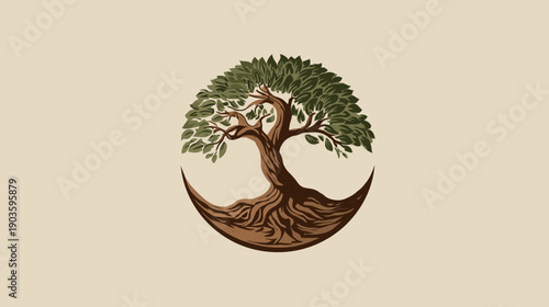 Stylized Tree Emblem with Strong Roots in Crescent Shape Symbolizing Nature, Growth, Life, Environment, and Sustainability