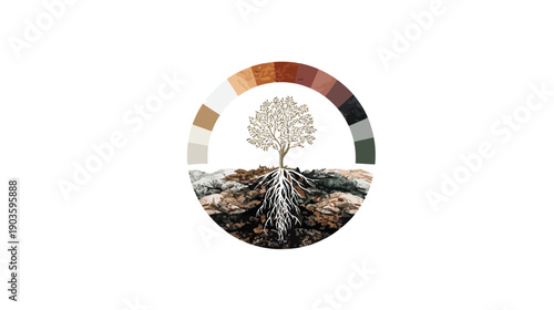 Tree with roots and diverse human skin tone color palette in a circular design, symbolizing unity, connection, and growth.