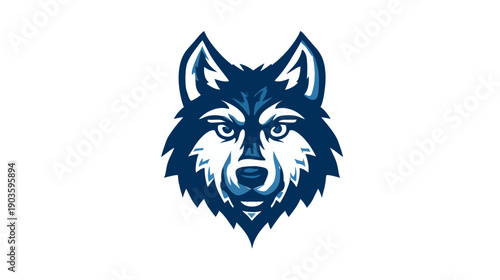 Detailed graphic illustration of a determined wolf head in blue and white, front view, symbolizing strength, leadership, and wild spirit.