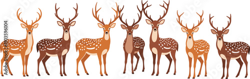 Graceful Spotted Deer Vector Set Featuring Buck and Doe Characters with Antlers in Various Natural Brown Tones for Forest Wildlife and Nature Themed Designs