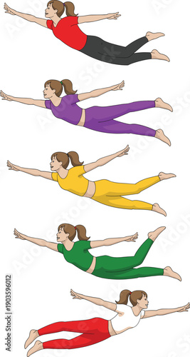 Set of Five Flying Girl Characters Wearing Colorful Athletic Outfits and Leggings Isolated on White Background for Sports Fitness Superhero and Gymnastics Illustration Design