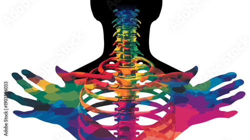 Vibrant Rainbow Human Skeleton & Spine in Stylized Torso Silhouette. Abstract Colorful Anatomy, Health, and Wellness.
