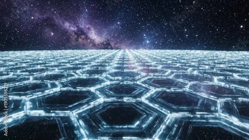 Futuristic Hexagonal Grid Landscape Under Starry Galaxy Space Background