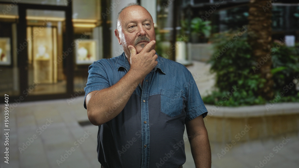 Fototapeta premium Man touching chin in a modern building atrium by storefront displays and indoor plants, wearing blue denim shirt and studying the scene with a pensive pose; thoughtful reflection.