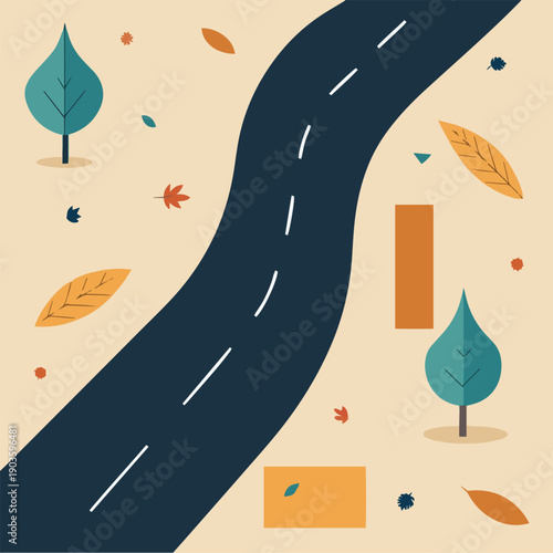 a stylized illustration depicts a curving road surrounded by autumnal leaves and simplified trees in a warm earthy color palette