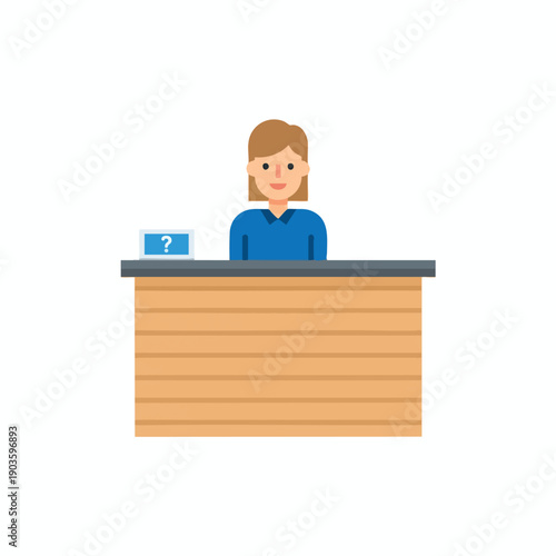 Woman Sitting at Reception Desk with Question Mark