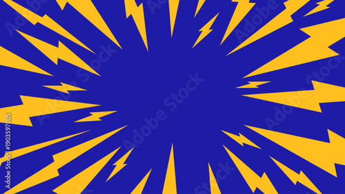 ブルー×イエローの稲妻放射サンバースト背景｜コミック風エネルギー集中線デザイン・透過ベクター素材/Blue and Yellow Lightning Radial Sunburst Background | Comic Style Energy Burst Vector with Transparent Background